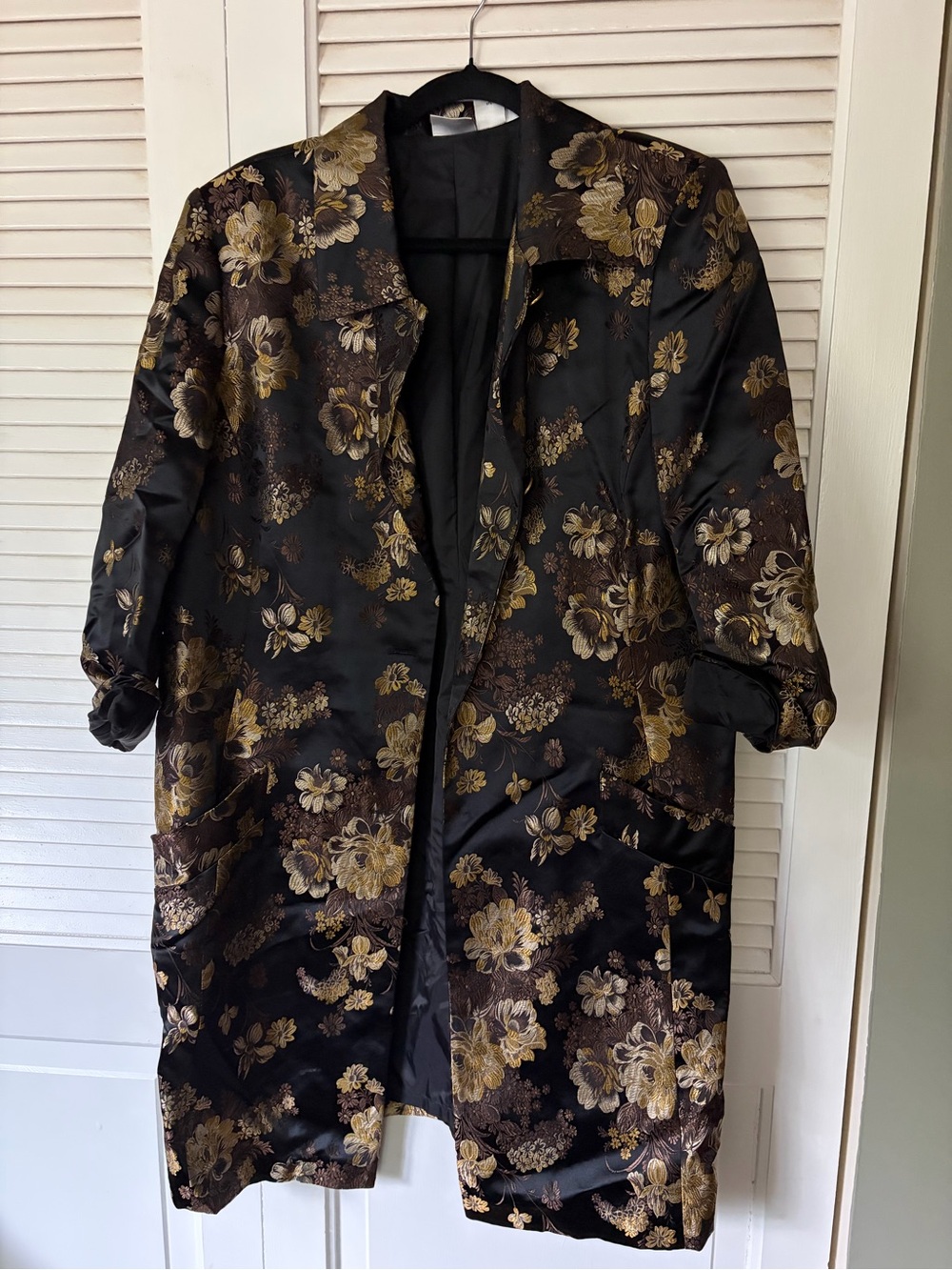 Vintage Women's Floral Jacquard Long Coat - Black & Gold